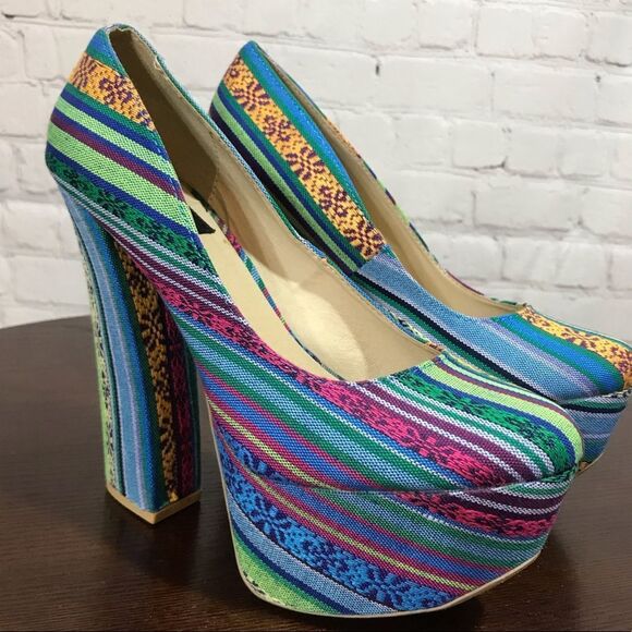 FRH Shoes - FRH tribal cloth print colorful platforms guc 6.5